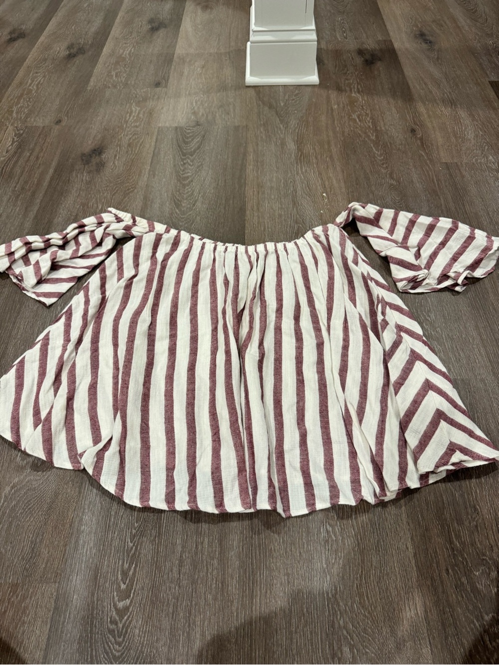 Striped Off-Shoulder Peasant Top in Burgundy and White